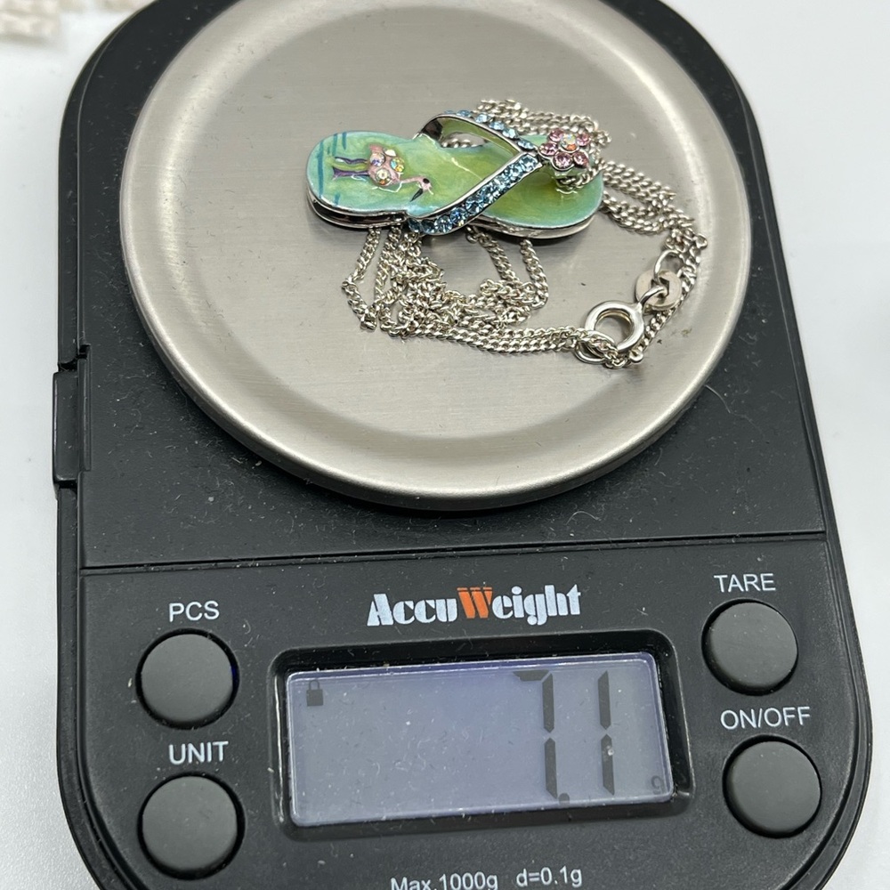 Vintage Sterling Silver Flip-Flop Pendant Necklace with Flamingo & Crystals, 18” - Picture 15 of 15